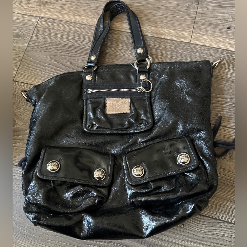 AUTH COACH POPPY GLOSSY CRINKLE PATENT LEATHER SATCHEL BAG PURSE 13869 BLACK